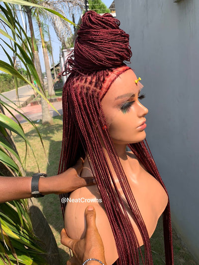 Merlot color micro Knotless braids full lace wig