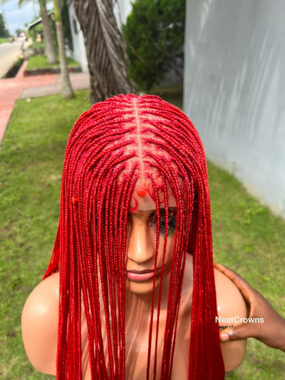45” Red Ruby micro Knotless braids SWISS lace wig