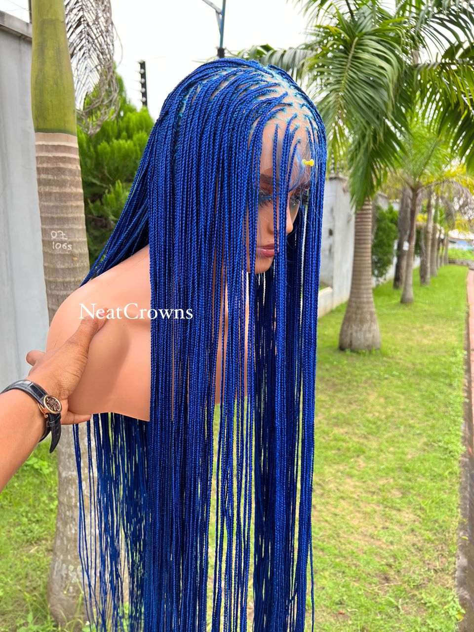 Handmade Braid Wigs. Blue 45” Braided Wig Handmade Black and Blue Ombré Braids Wig Closure  main image 4