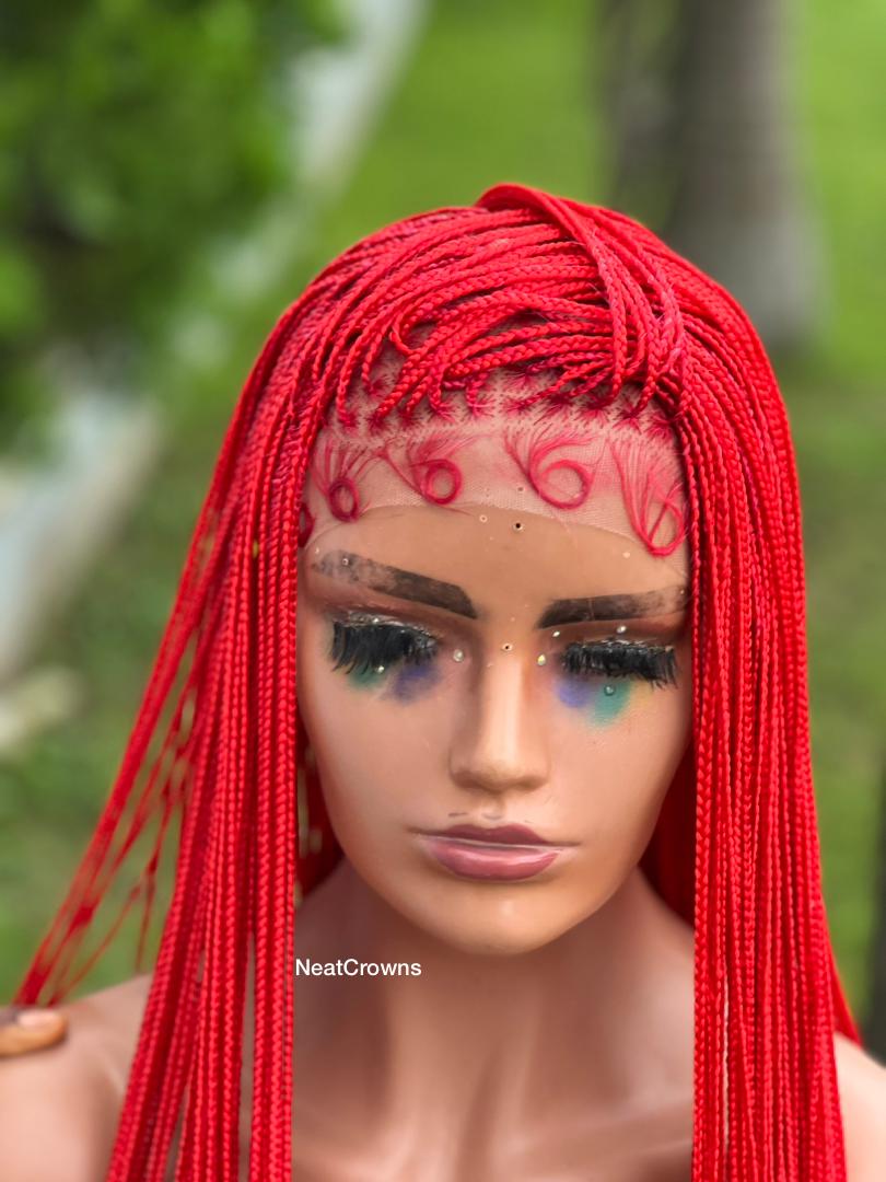45” Red Ruby micro Knotless braids SWISS lace wig