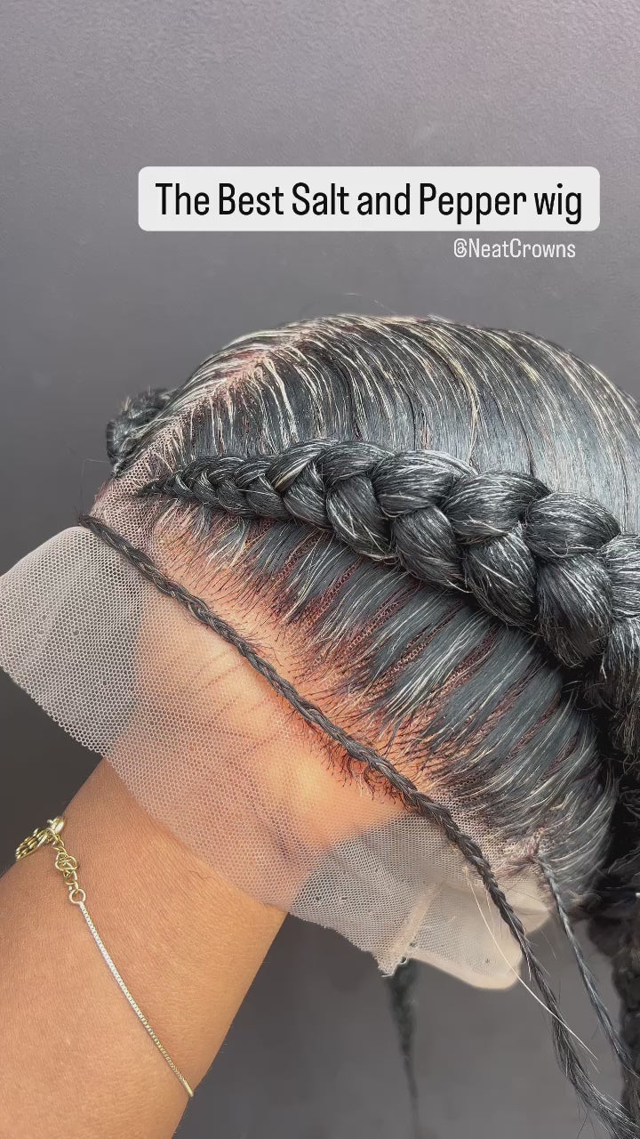 Salt and Pepper Pigtails Grandma wigs cornrows Dutchess double Dutch